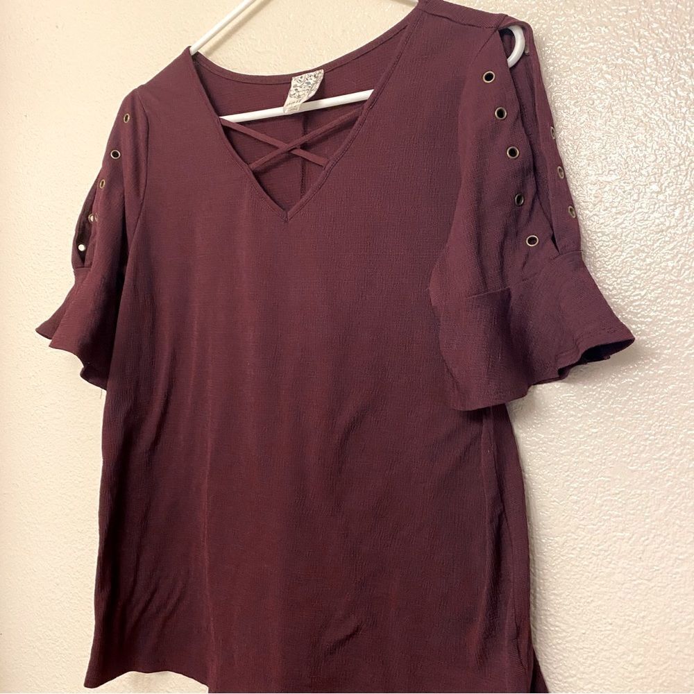 NAIF by Anthropologie open sleeve studded burgundy purple V-neck Top blouse L